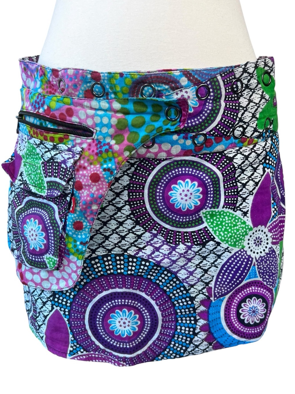 Jei Colori reversible snap wrap hippie skirt with a detachable pouch